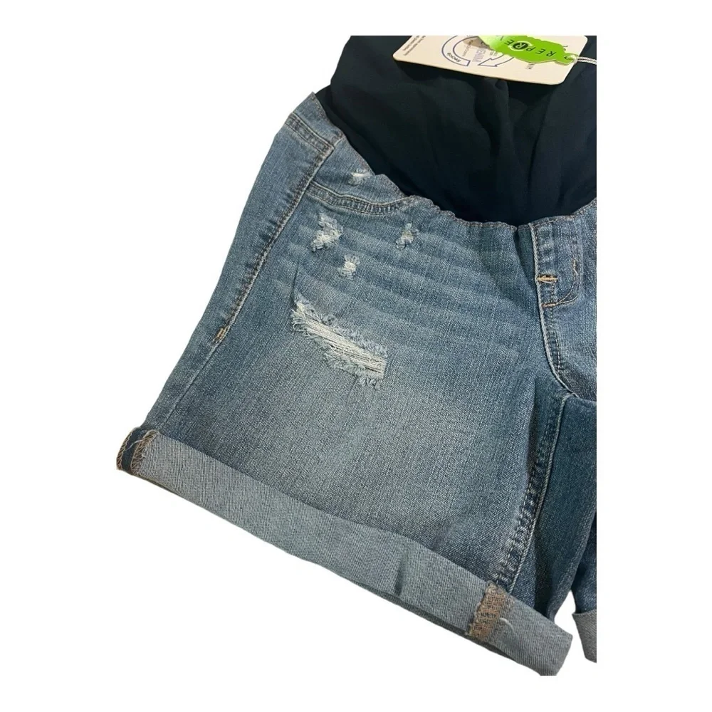 Leora 1822 Denim Rolled Cuff Distressed Maternity Denim Shorts Medium Wash